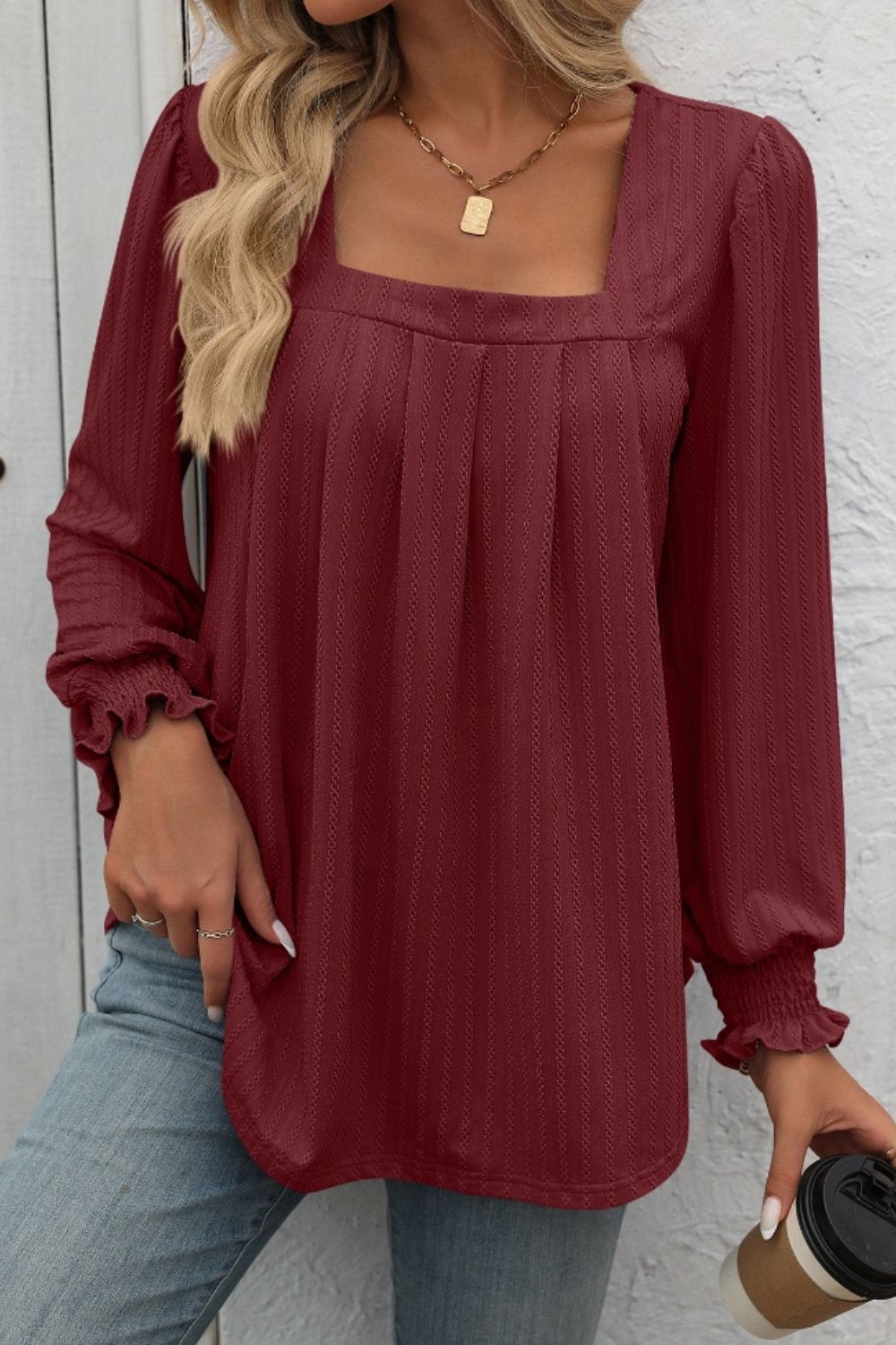 Square Neck Long Sleeve Top - Ryzela