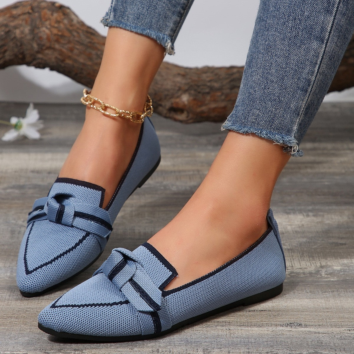 Bow Contrast Trim Point Toe Loafers - Ryzela