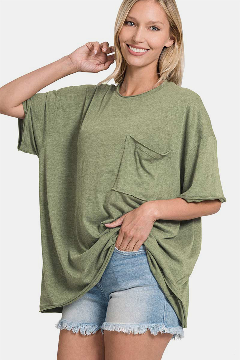 Zenana Drop Shoulder Oversized Front Pocket T-Shirt - Ryzela
