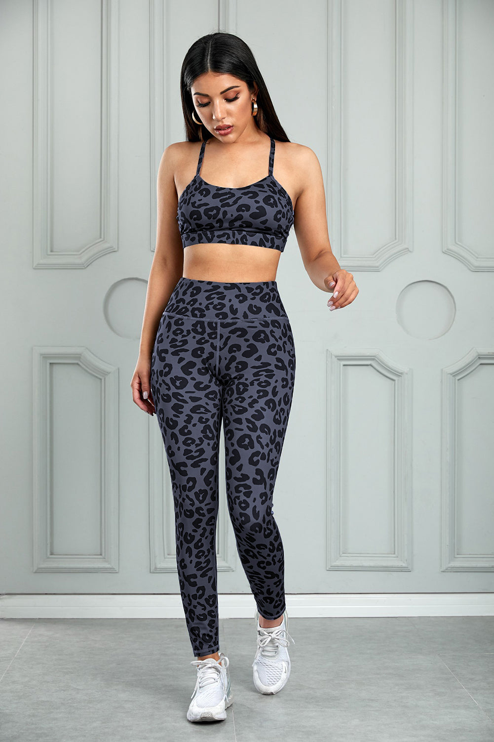 Leopard Cutout Sports Bra and Leggings Set - Ryzela