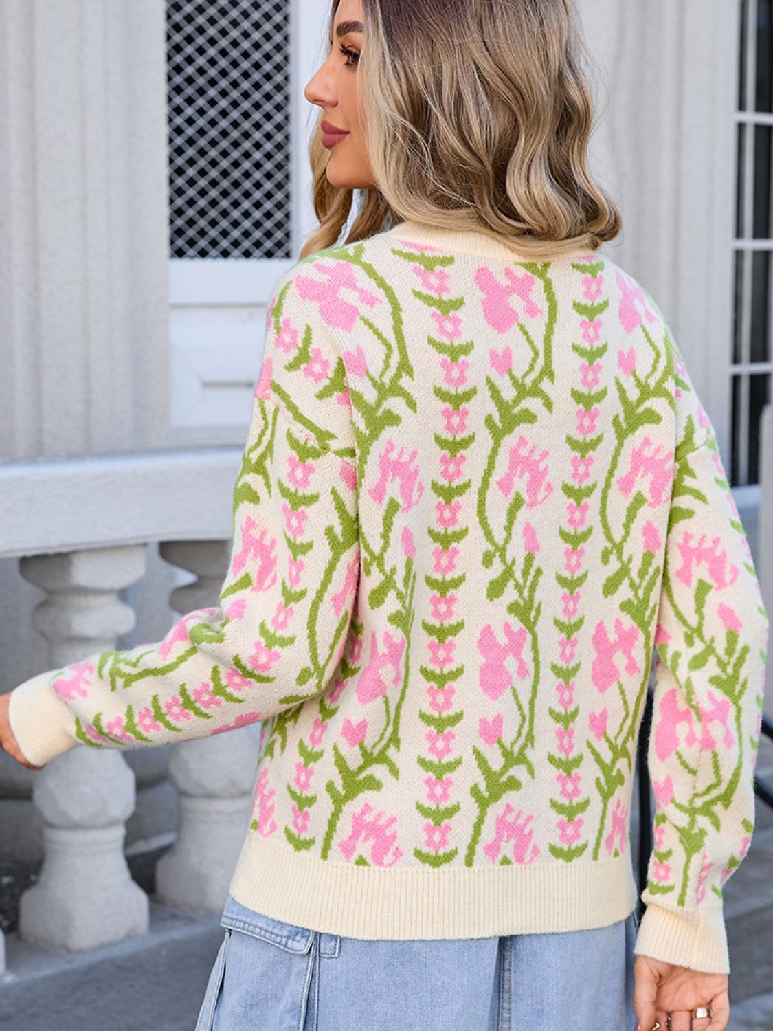 Flower Round Neck Long Sleeve Sweater - Ryzela