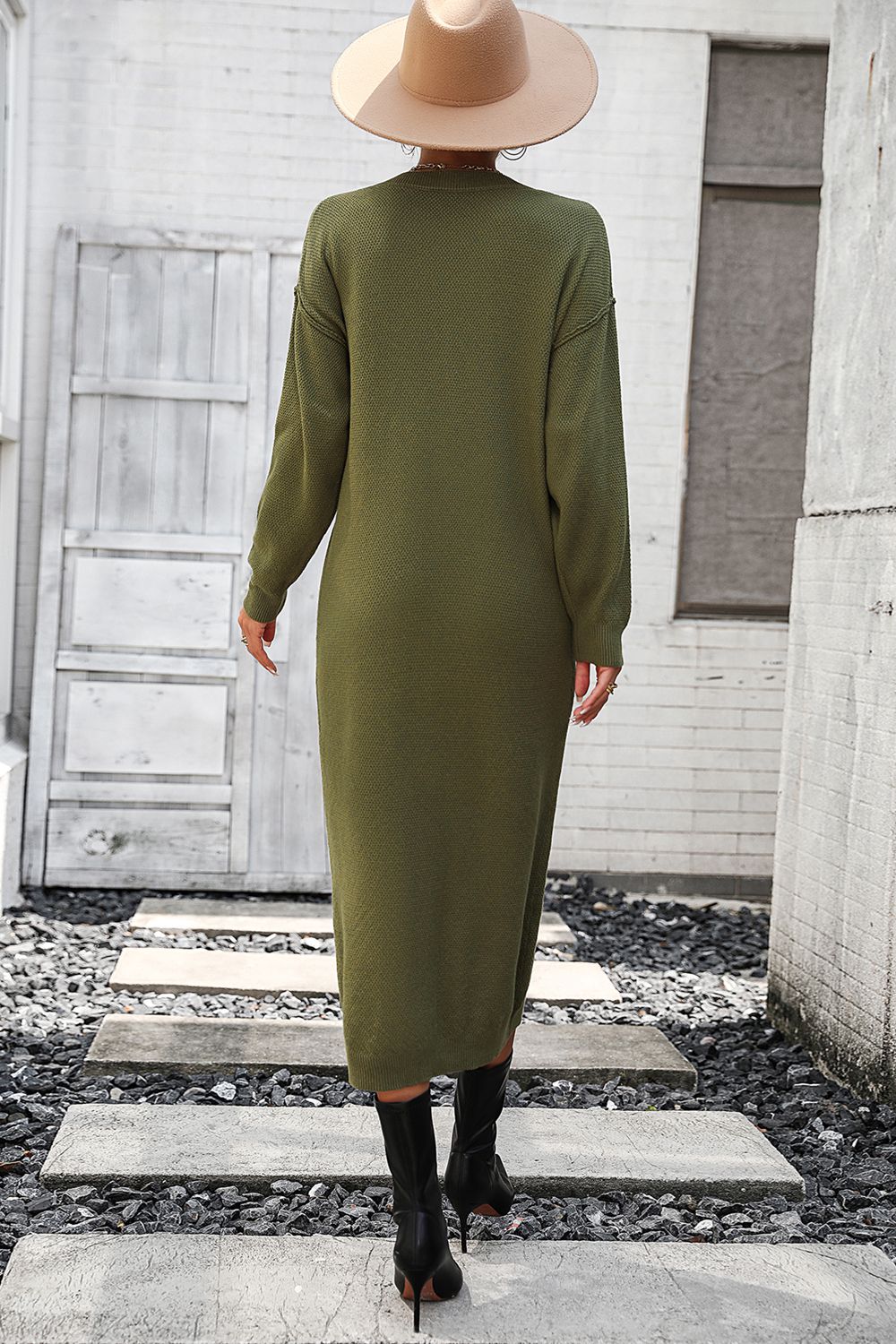 Decorative Button Notched Dropped Shoulder Sweater Dress - Ryzela