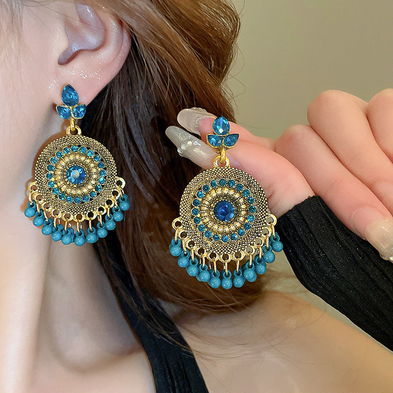 Rhinestone Alloy Bead Dangle Earrings - Ryzela