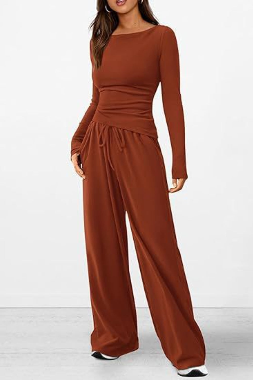 Round Neck Long Sleeve Top and Pants Set - Ryzela