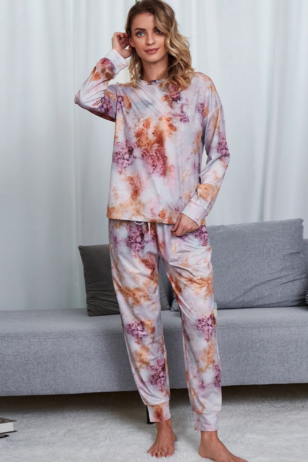 Tie-Dye Crewneck Top and Drawstring Waist Joggers Lounge Set - Ryzela