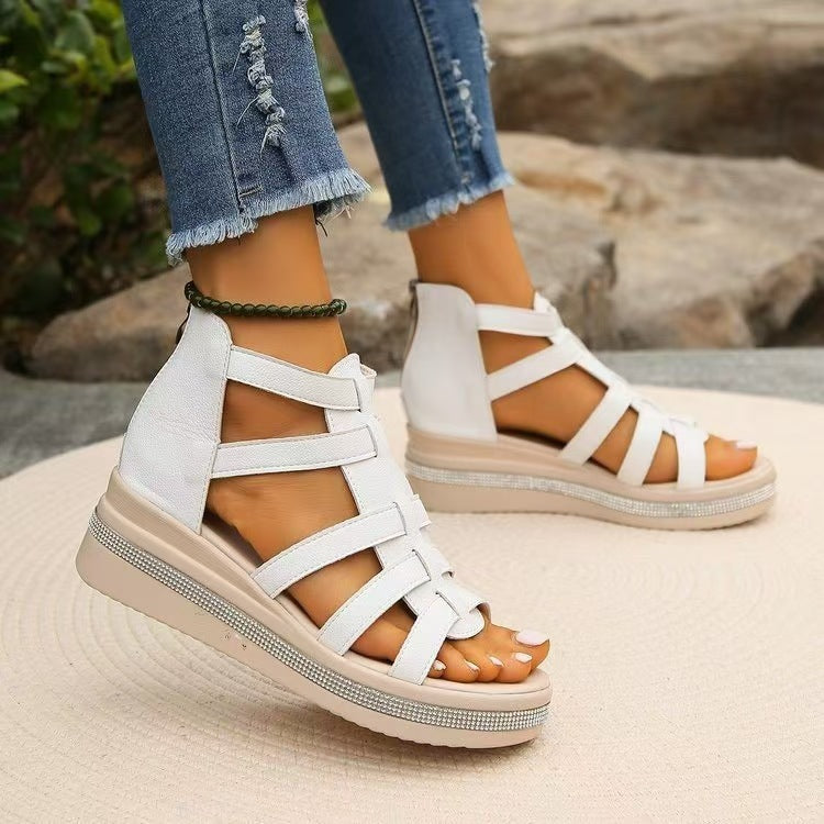 Cutout Rhinestone Trim Wedge Sandals - Ryzela