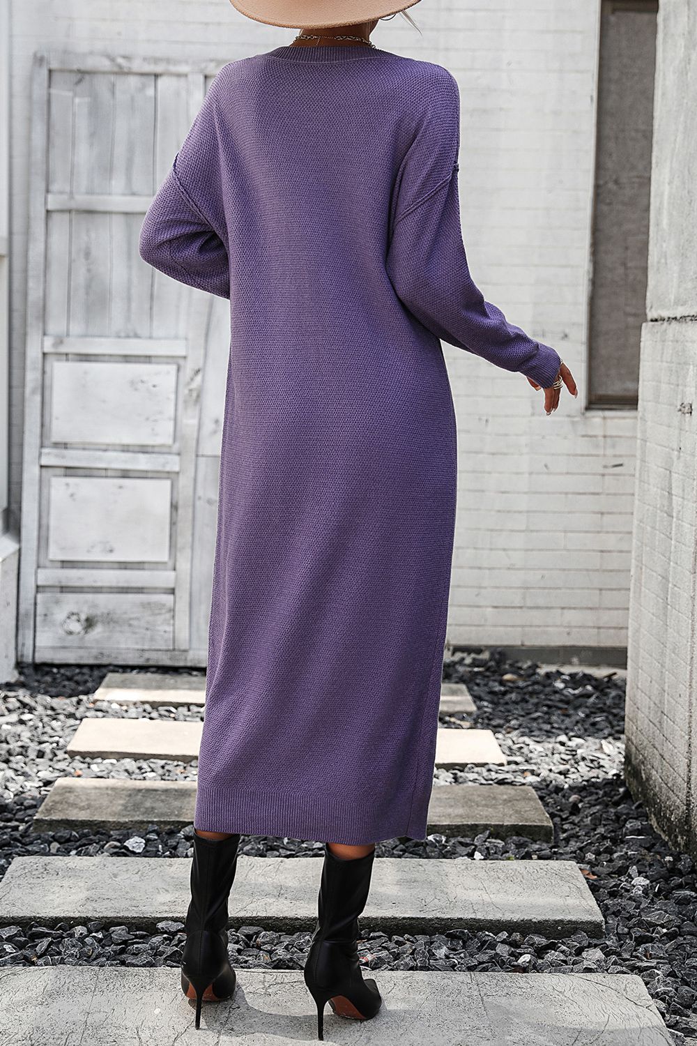 Decorative Button Notched Dropped Shoulder Sweater Dress - Ryzela