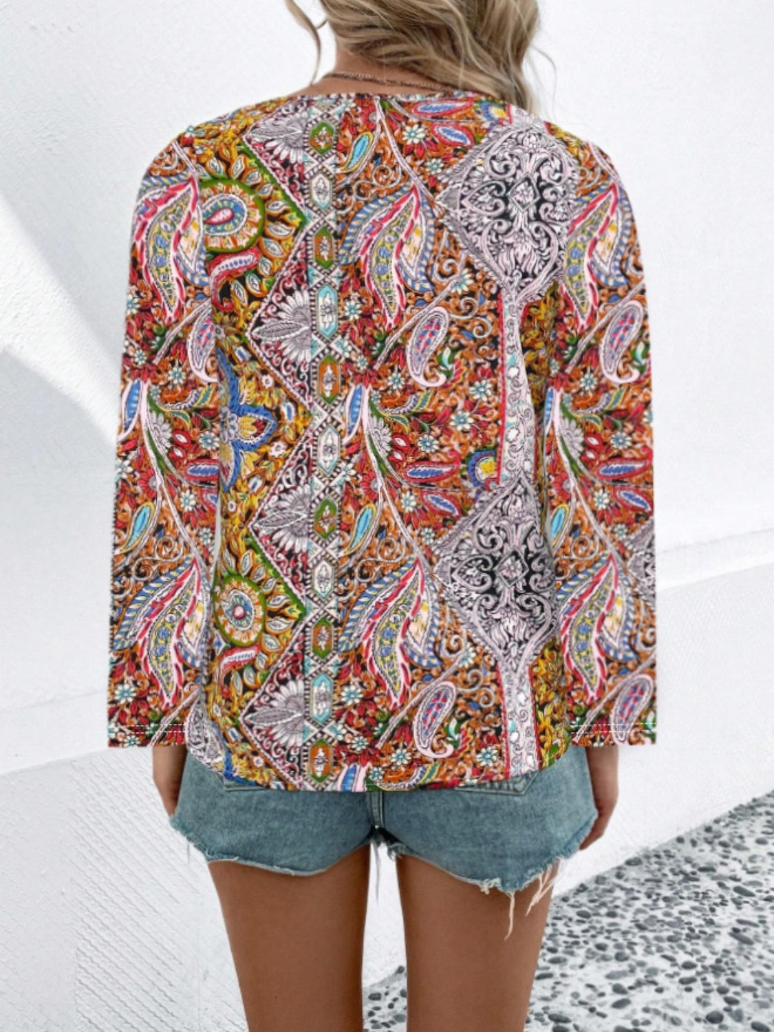 Printed V-Neck Long Sleeve Blouse - Ryzela