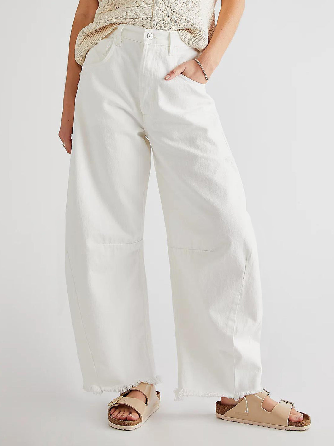 Raw Hem Wide Leg Jeans with Pockets - Ryzela