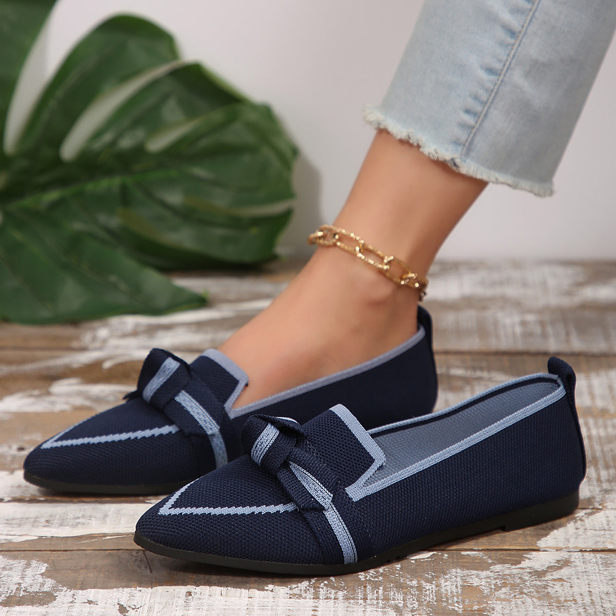 Bow Contrast Trim Point Toe Loafers - Ryzela