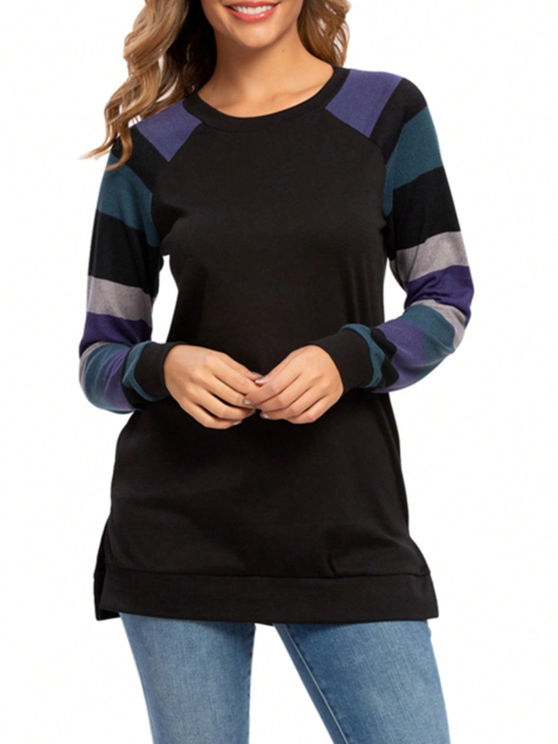 Color Block Round Neck Long Sleeve T-Shirt - Ryzela