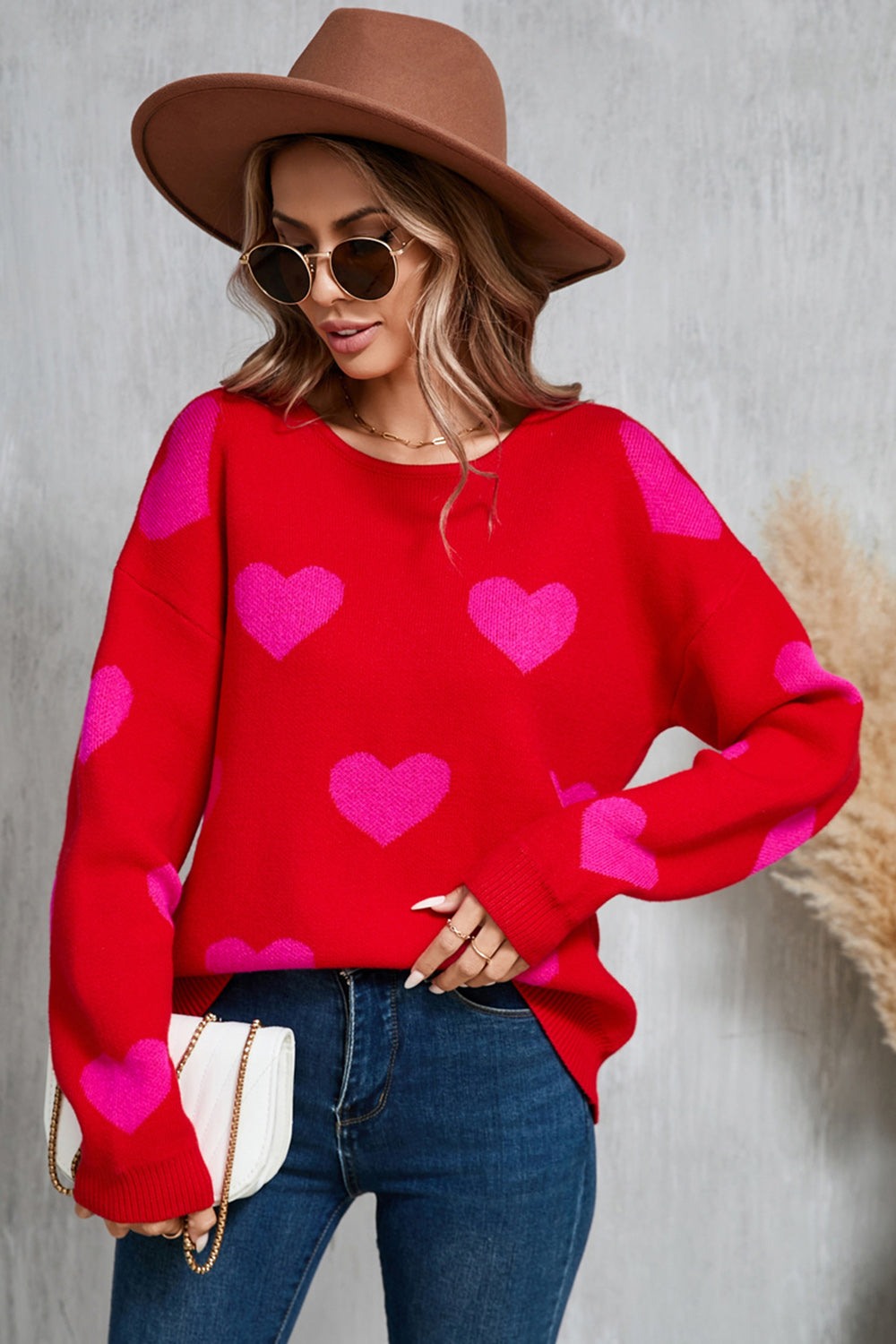 Angel Wings Heart Round Neck Dropped Shoulder Sweater - Ryzela