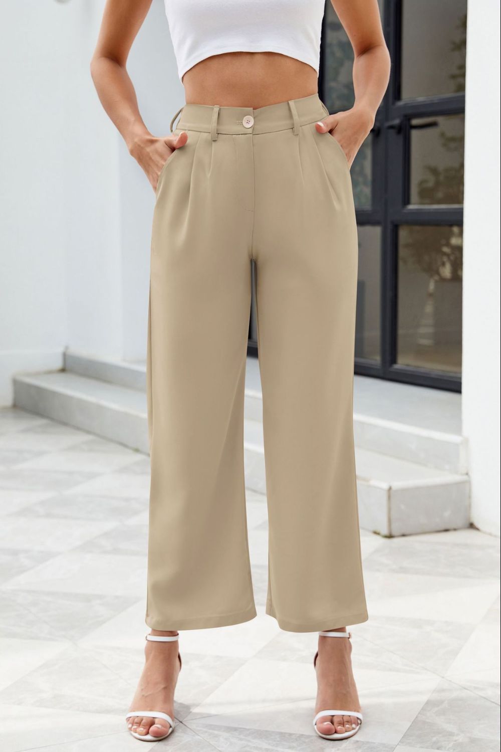 Pocketed High Waist Pants - Ryzela