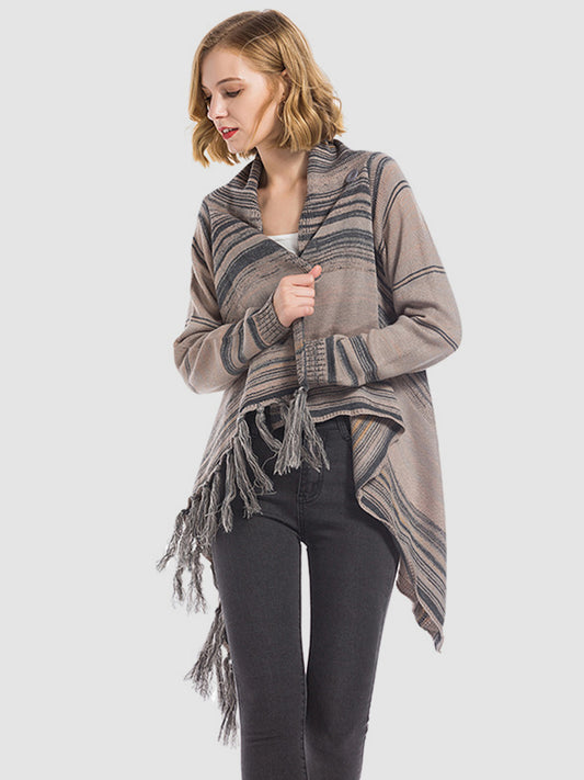 Angel Wings Tassel Striped Open Front Long Sleeve Cardigan - Ryzela