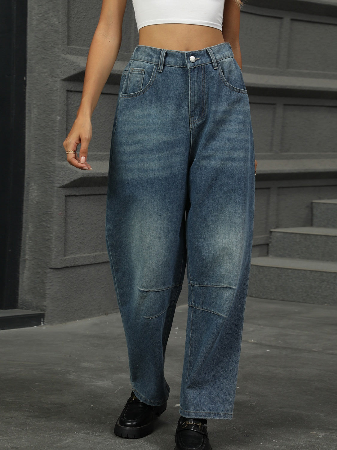 Half Elastic Waist Straight Leg Jeans - Ryzela