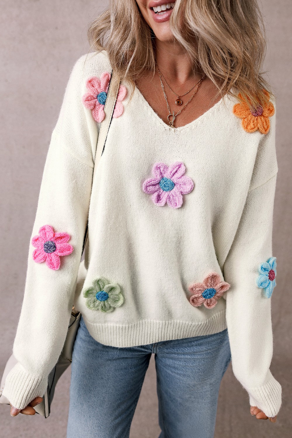 Crochet Flower V-Neck Long Sleeve Sweater - Ryzela