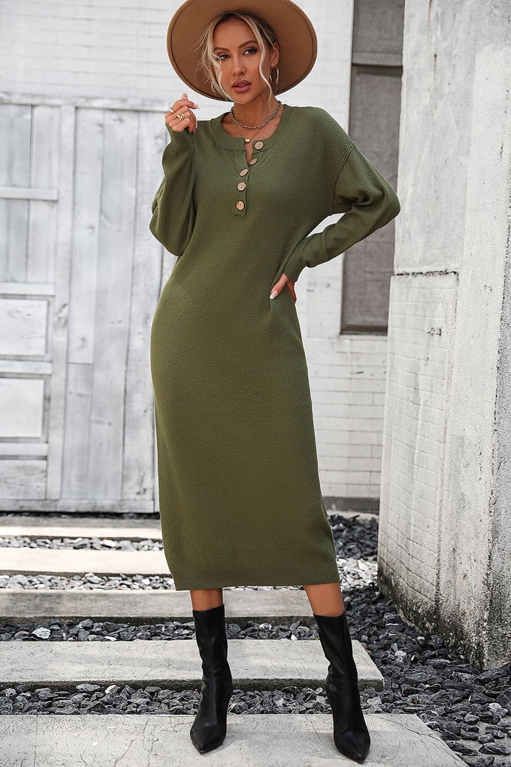 Decorative Button Notched Dropped Shoulder Sweater Dress - Ryzela