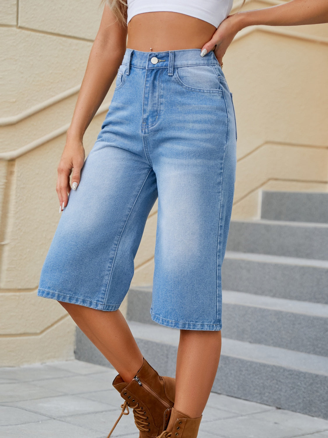 High Waist Denim Shorts with Pockets - Ryzela