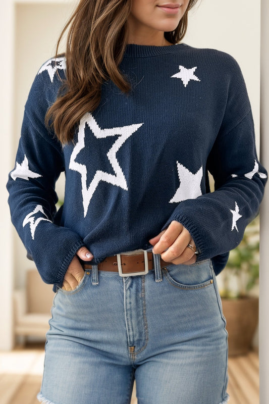 Star Round Neck Long Sleeve Sweater - Ryzela