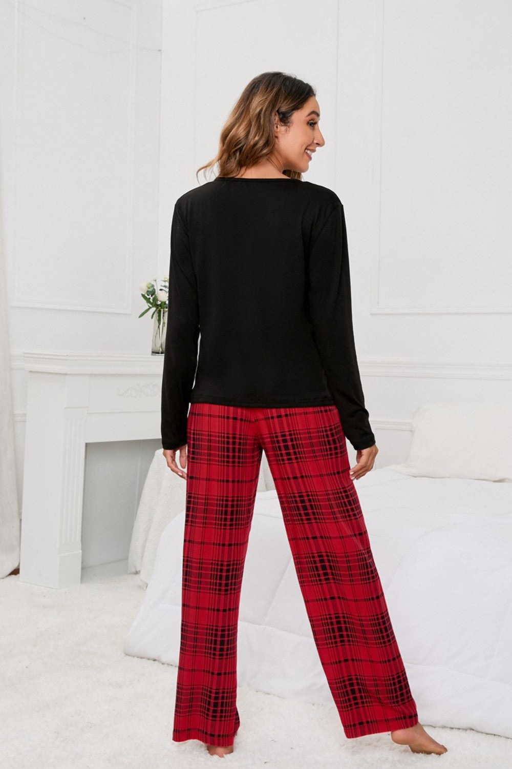 Round Neck Long Sleeve Top and Bow Plaid Pants Lounge Set - Ryzela