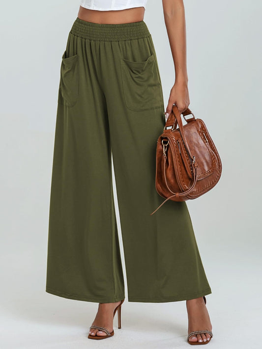 Pocketed Elastic Waist Wide Leg Pants - Ryzela