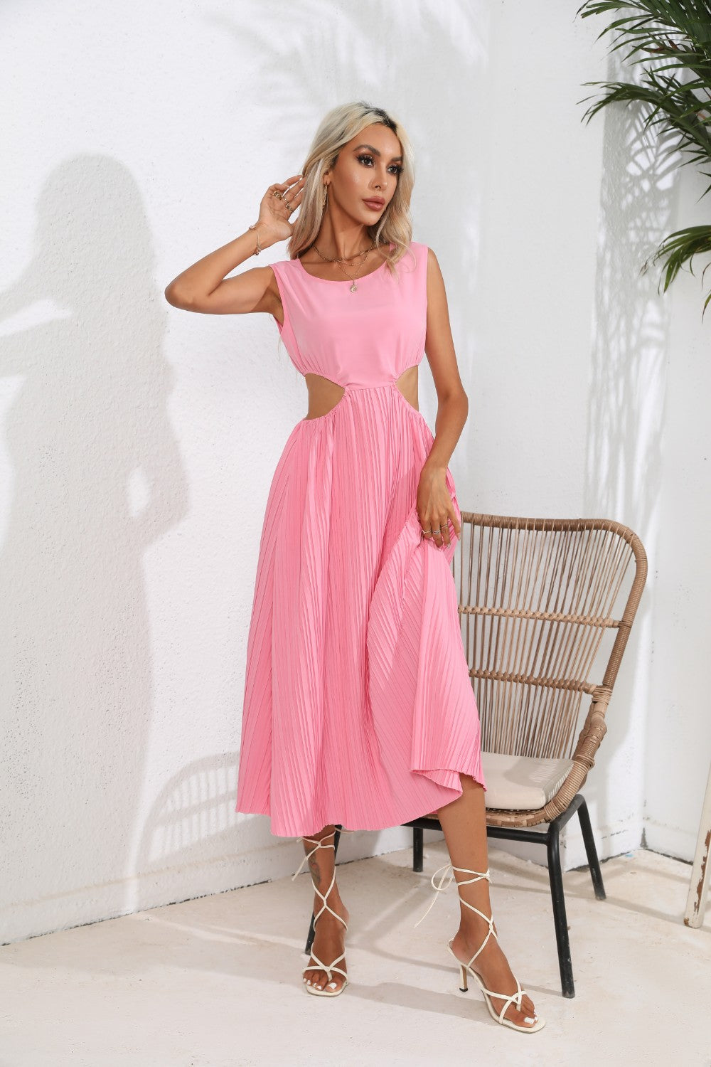 Cutout Ruched Round Neck Tank Dress - Ryzela