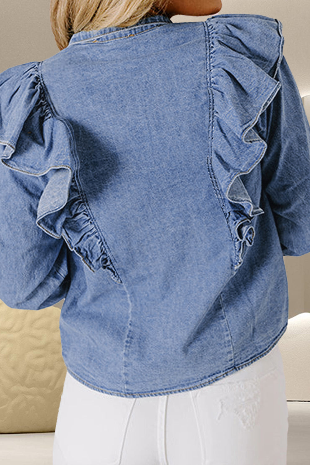 Ruffled Round Neck Long Sleeve Denim Top - Ryzela