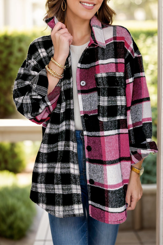 Pocketed Plaid Collared Neck Long Sleeve Shacket - Ryzela