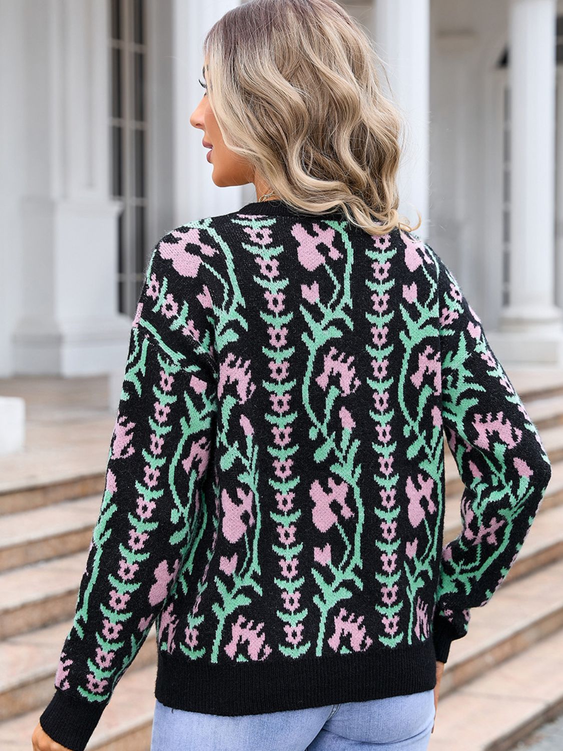 Flower Round Neck Long Sleeve Sweater - Ryzela