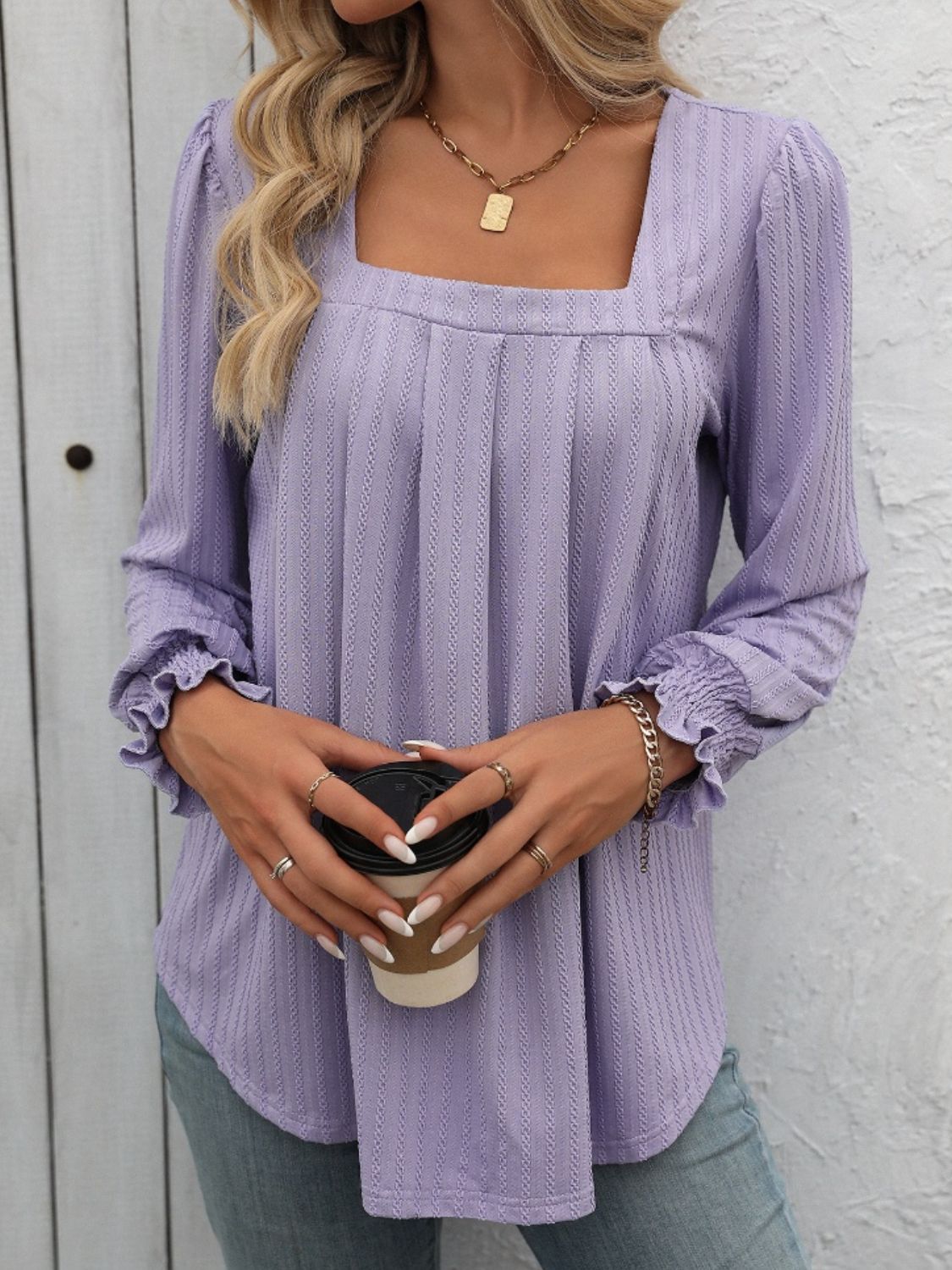 Square Neck Long Sleeve Top - Ryzela