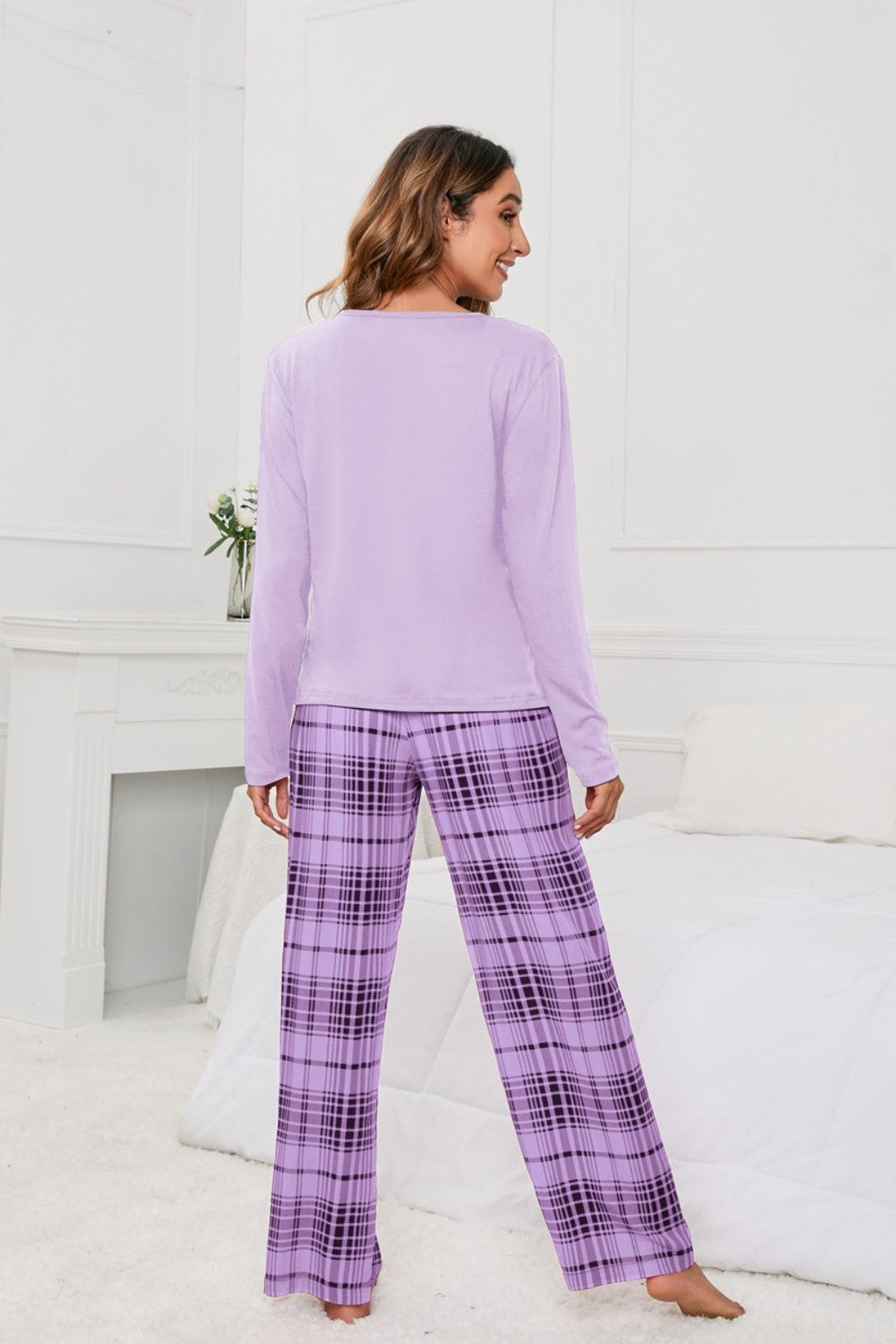 Round Neck Long Sleeve Top and Bow Plaid Pants Lounge Set - Ryzela