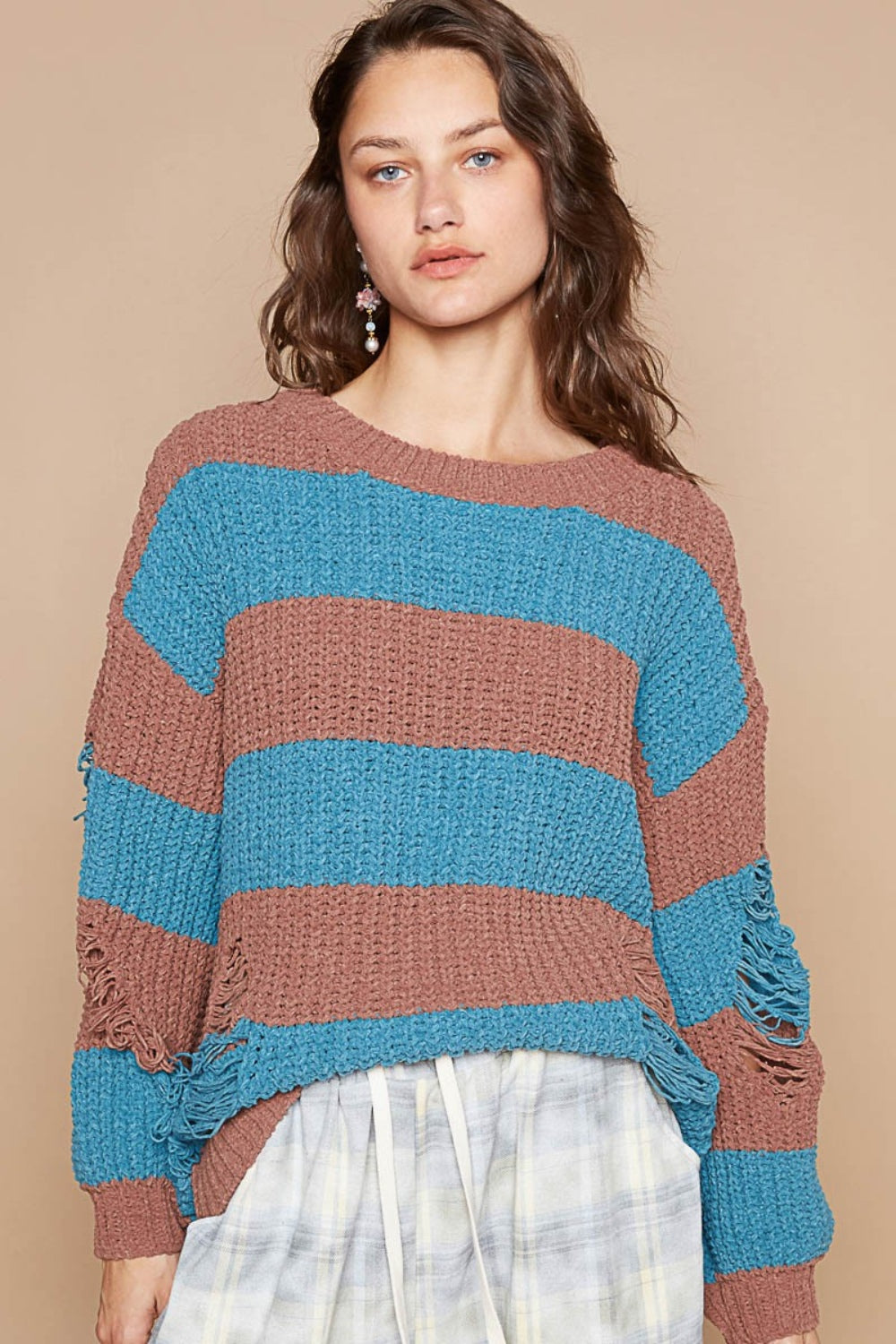 POL Striped Distressed Long Sleeve Sweater - Ryzela