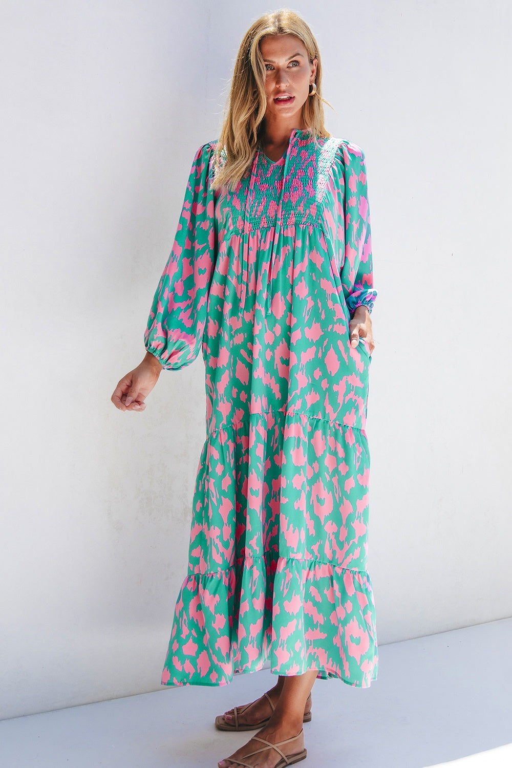 Smocked Printed Tie Neck Long Sleeve Dress - Ryzela