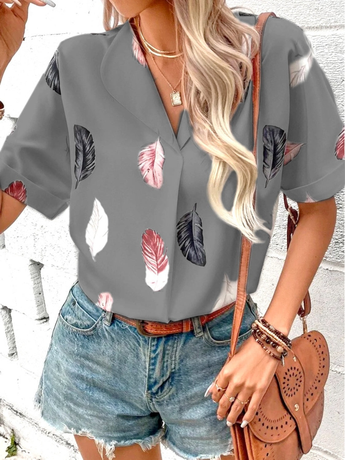 Full Size Printed Collared Neck Short Sleeve Blouse - Ryzela