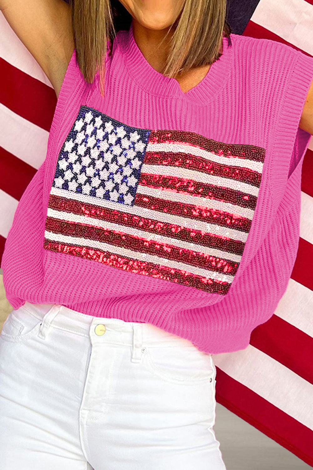 Sequin US Flag Round Neck Sweater Vest - Ryzela