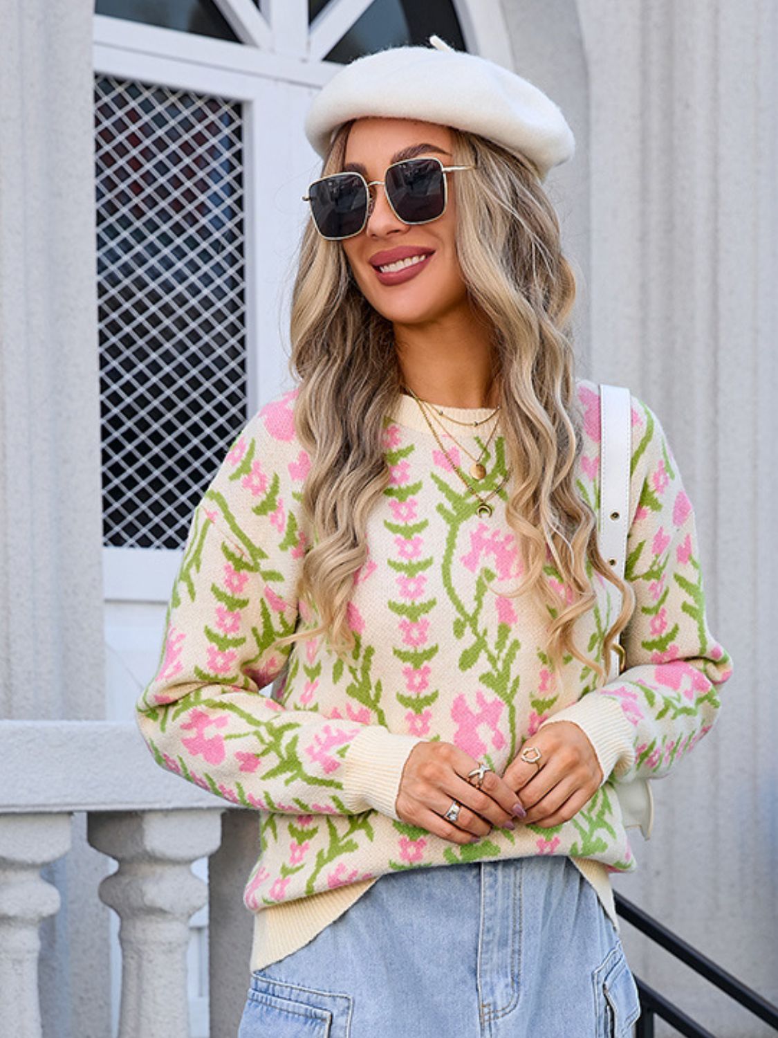 Flower Round Neck Long Sleeve Sweater - Ryzela