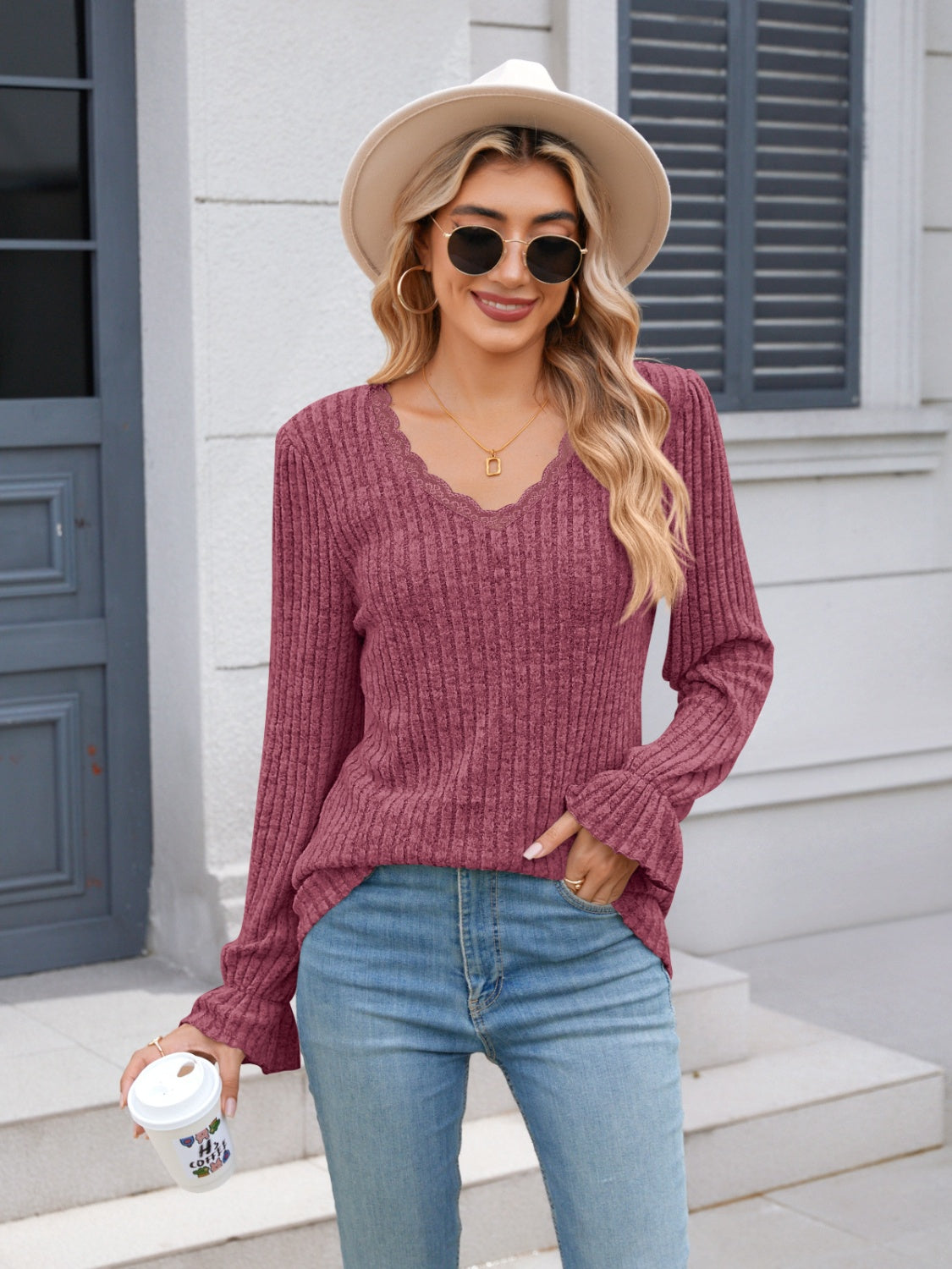 Lace Detail V-Neck Long Sleeve T-Shirt - Ryzela