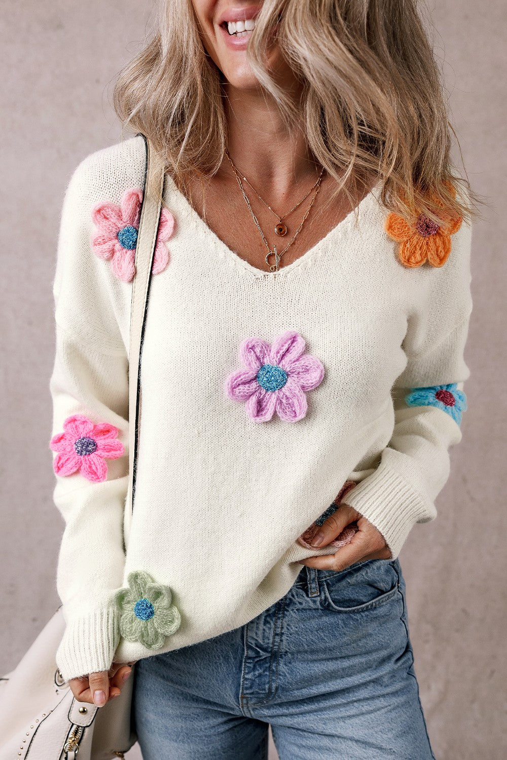 Crochet Flower V-Neck Long Sleeve Sweater - Ryzela