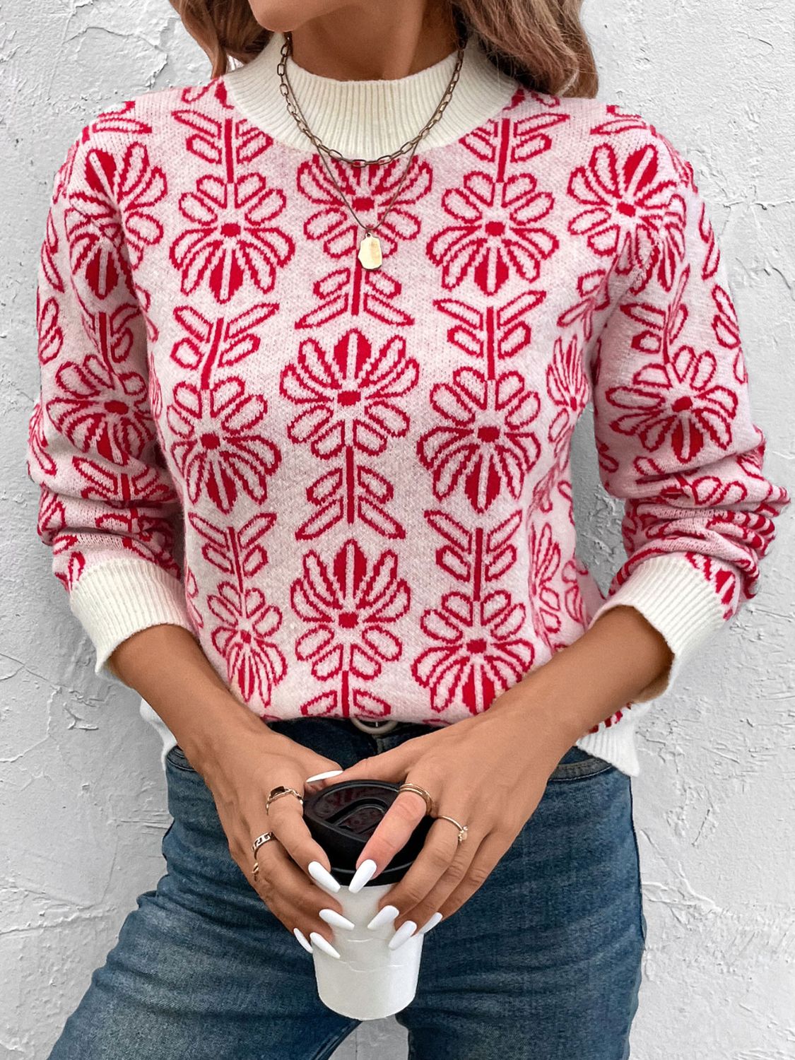 Flower Round Neck Long Sleeve Sweater - Ryzela