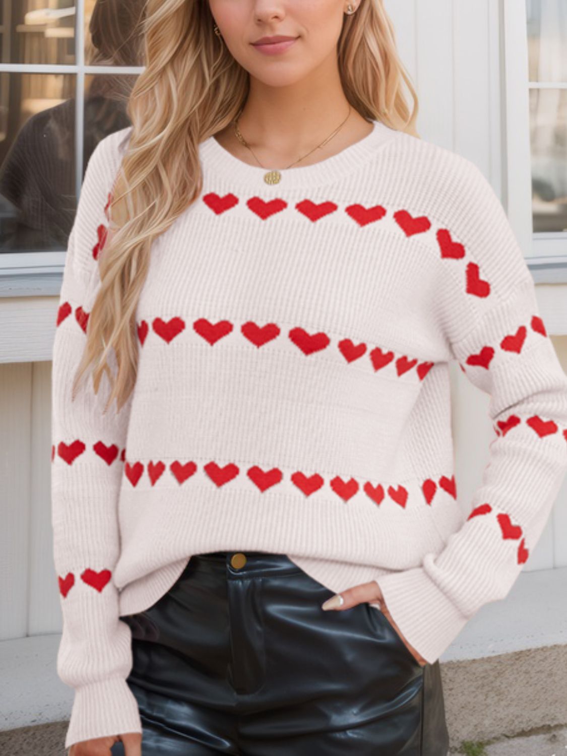 Heart Round Neck Long Sleeve Sweater - Ryzela