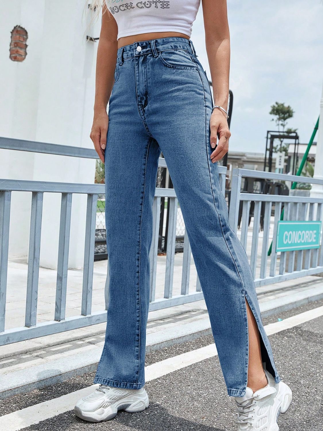 Slit High Waist Jeans with Pockets - Ryzela