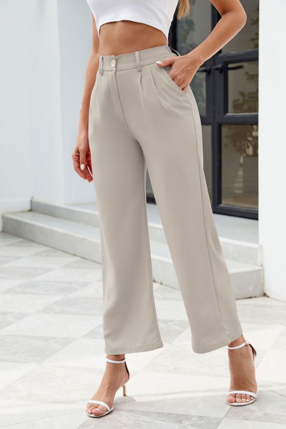 Pocketed High Waist Pants - Ryzela