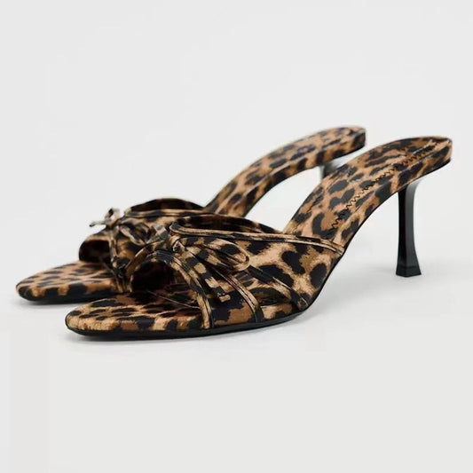 Bow Leopard Kitten Heel Sandals - Ryzela