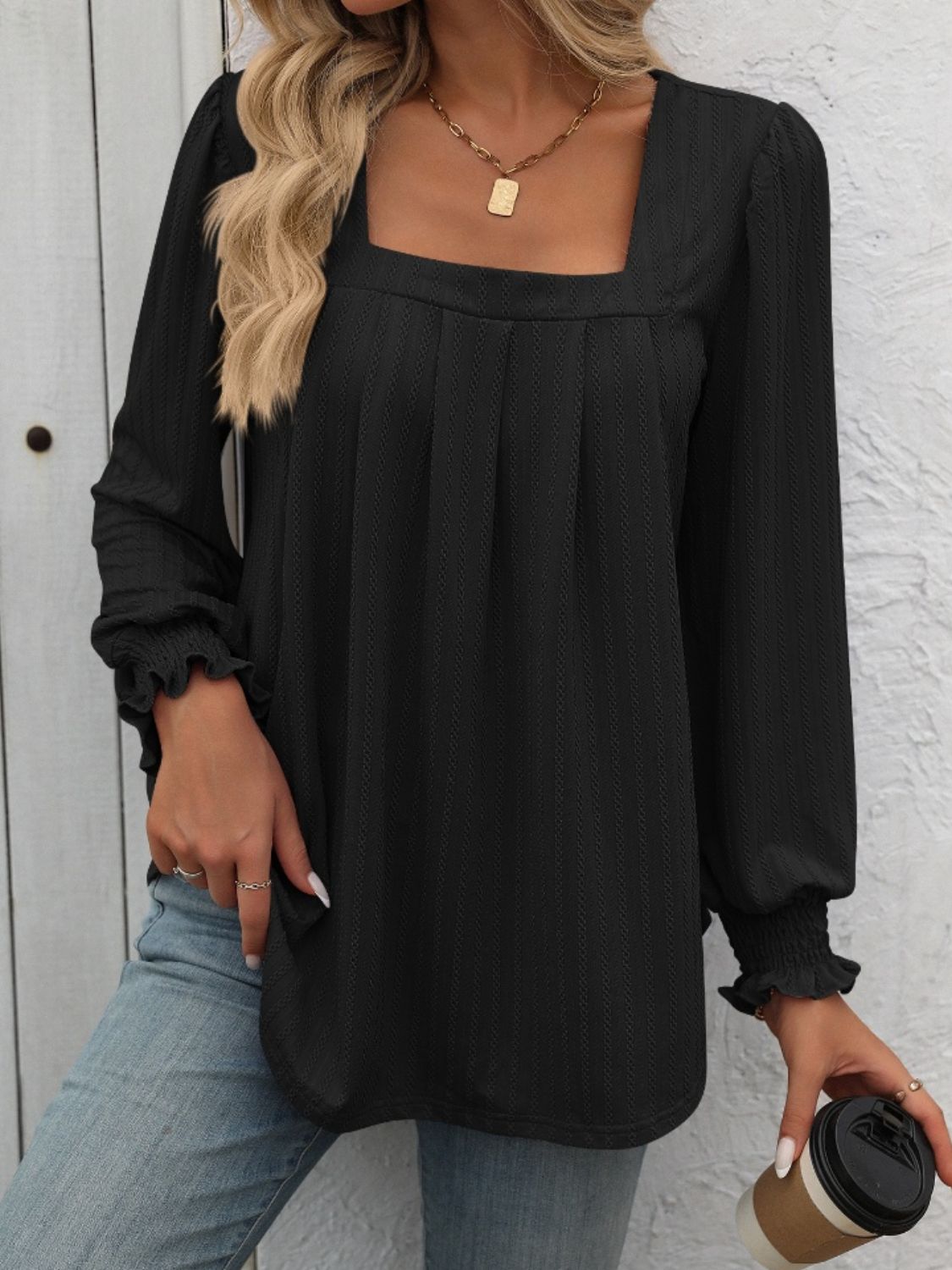 Square Neck Long Sleeve Top - Ryzela