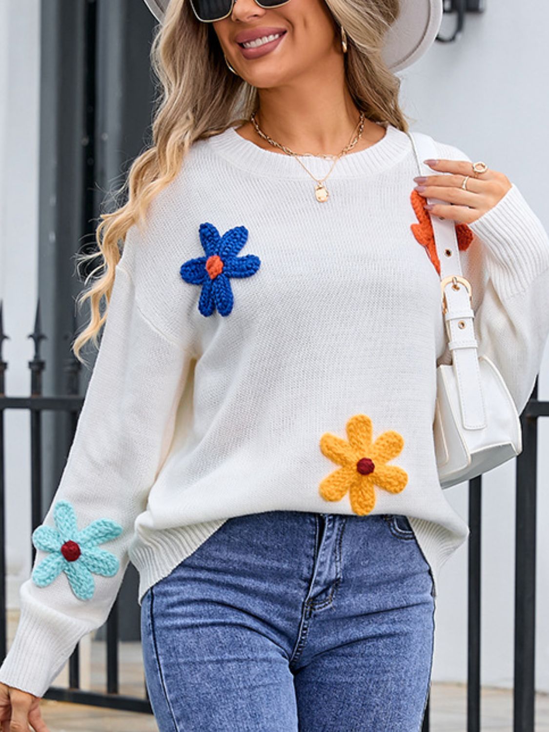 Crochet Flower Round Neck Sweater - Ryzela