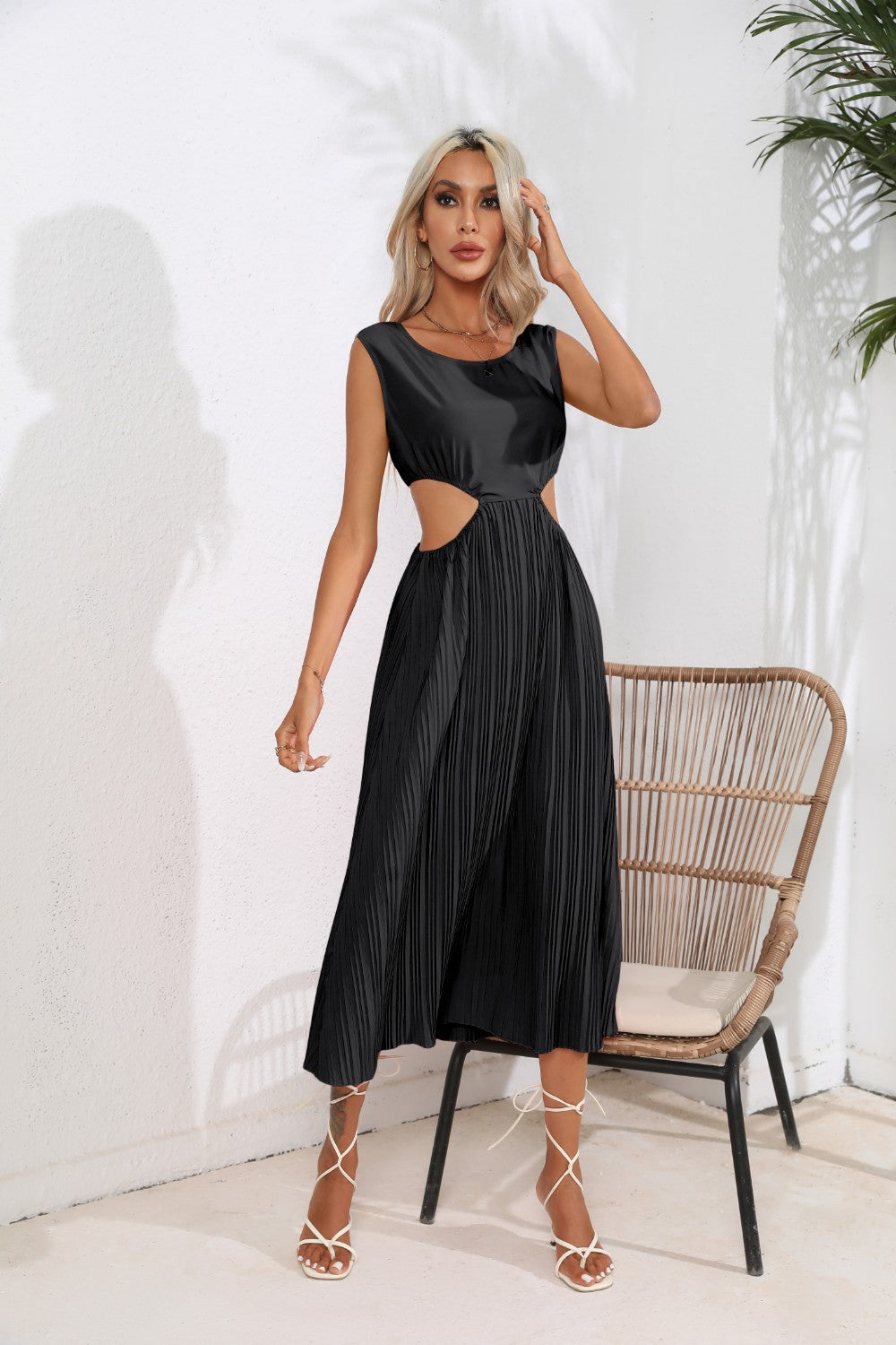 Cutout Ruched Round Neck Tank Dress - Ryzela