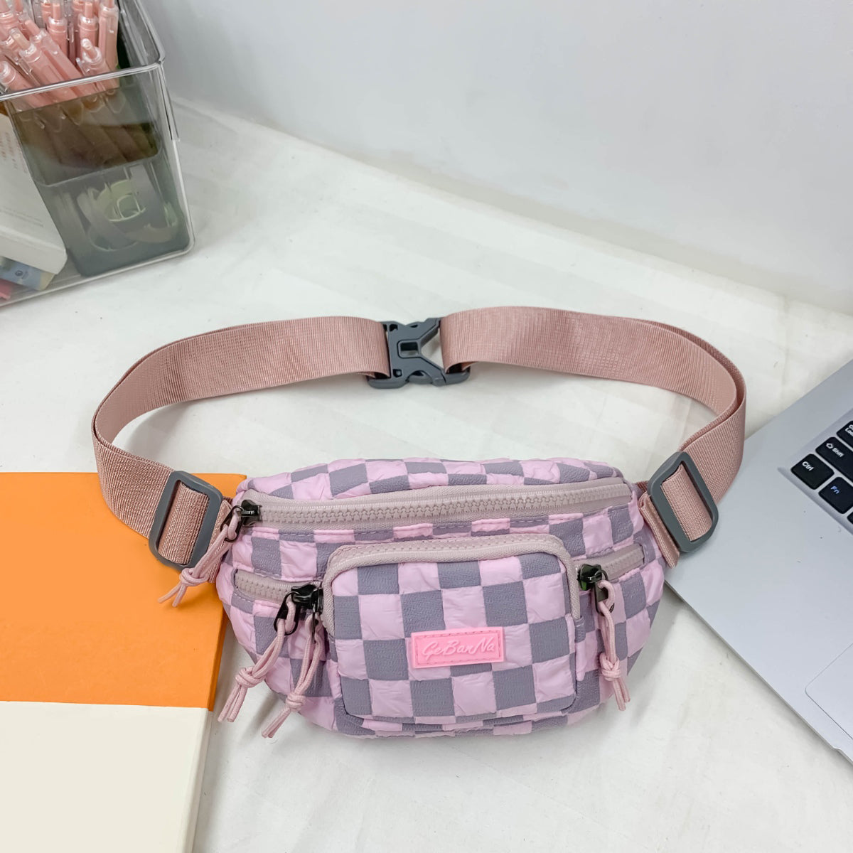 Checkered Adjustable Strap Nylon Crossbody Bag - Ryzela