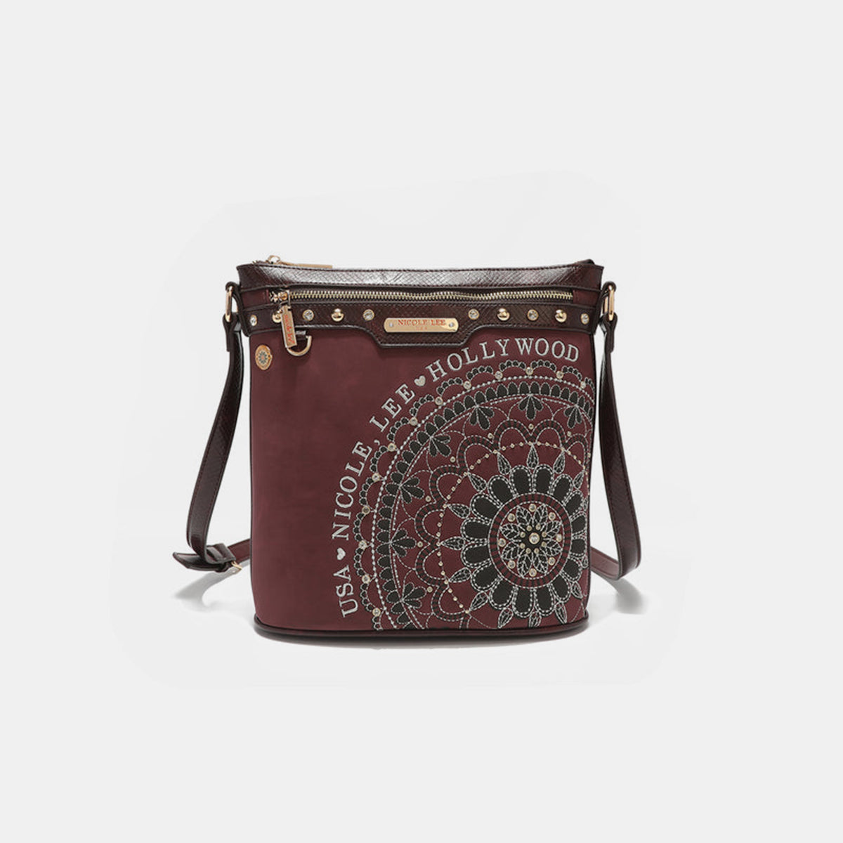 Nicole Lee USA Metallic Stitching Embroidery Inlaid Rhinestone Crossbody Bag - Ryzela