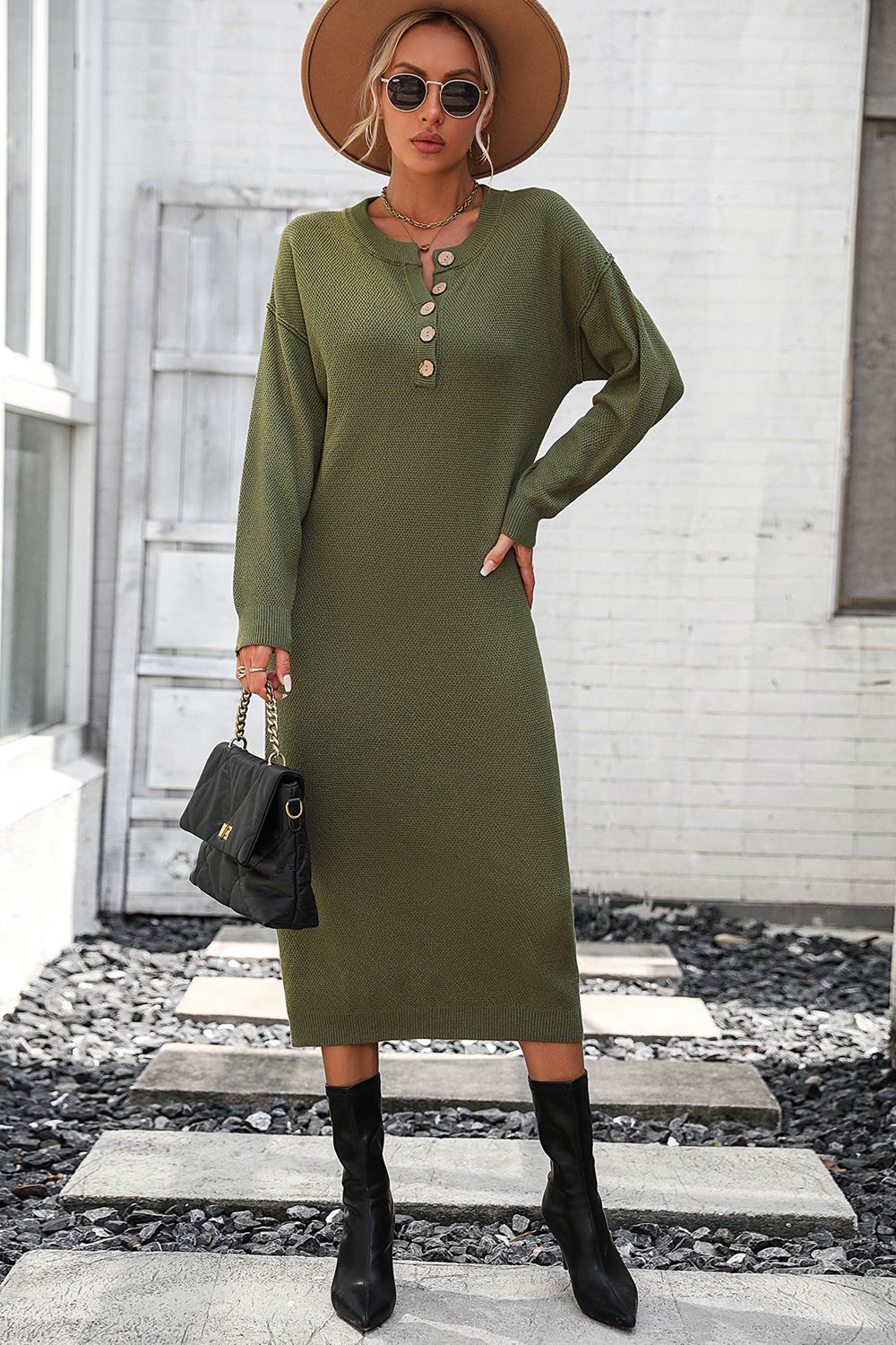 Decorative Button Notched Dropped Shoulder Sweater Dress - Ryzela