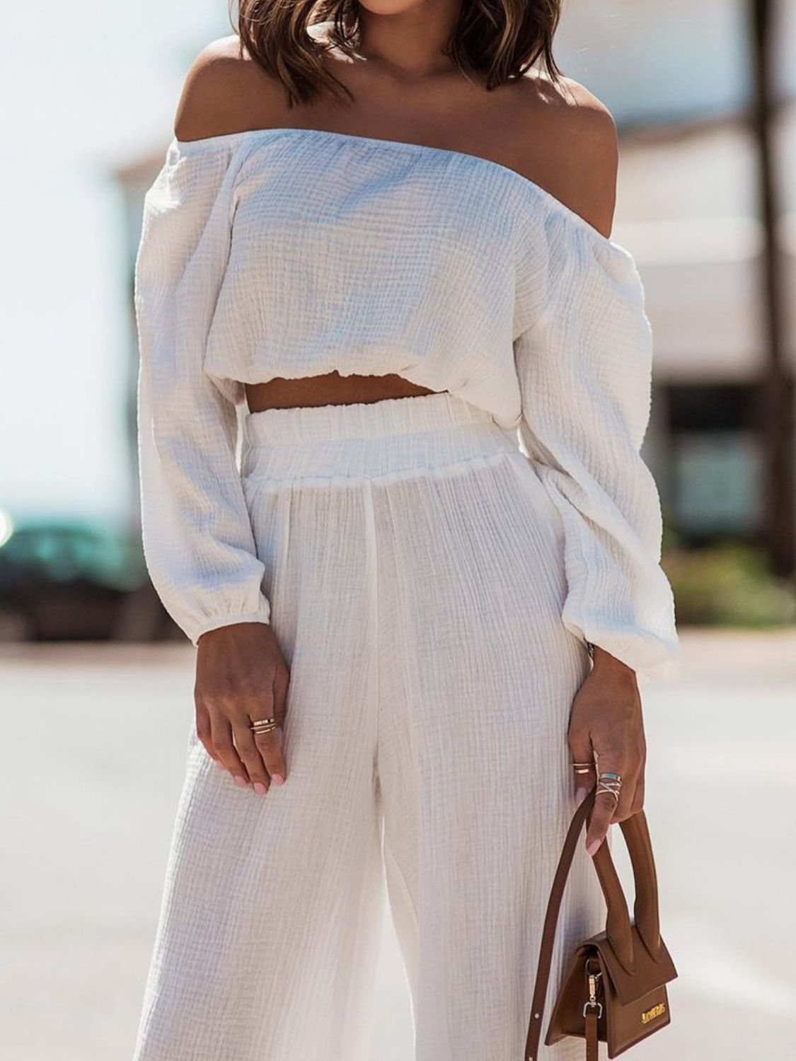 Off Shoulder Long Sleeve Top and Pants Set - Ryzela